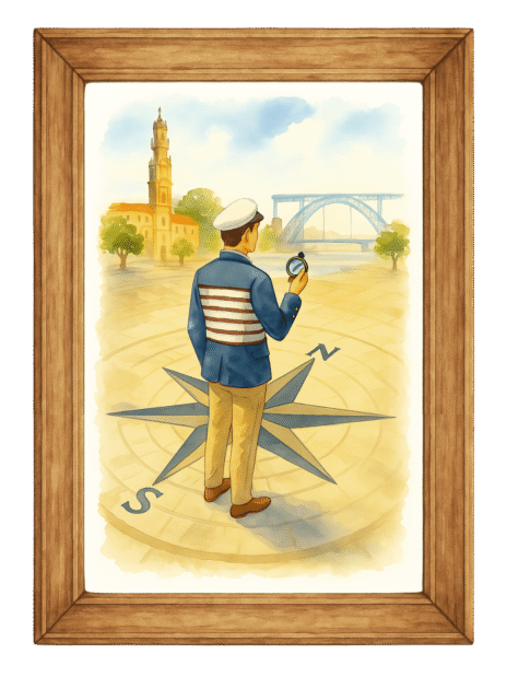 Pintura de marinheiro sobre rosa dos ventos olhando para cidade costeira — metáfora visual da imobiliária Porto como guia confiável na jornada imobiliária.