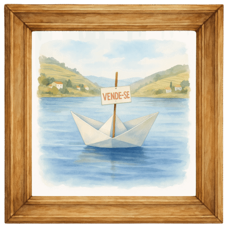 Pintura de barco de papel com placa “vende-se” flutuando em lago — metáfora criativa da imobiliária Porto para destacar imóveis à venda com leveza e originalidade.