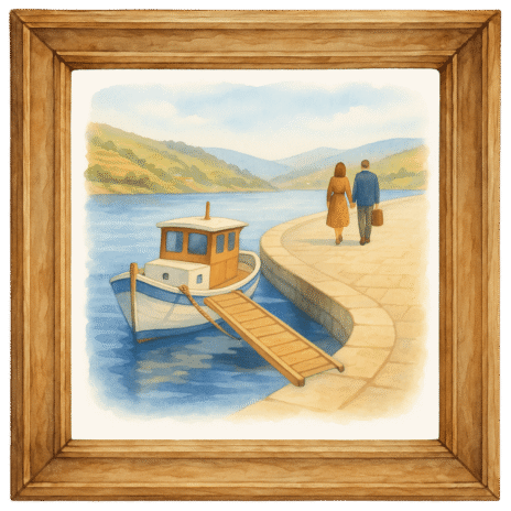 Pintura de barco atracado em pier com casal ao fundo, representando tranquilidade e conexão — imagem inspiradora da imobiliária Porto para destacar o estilo de vida à beira-rio.