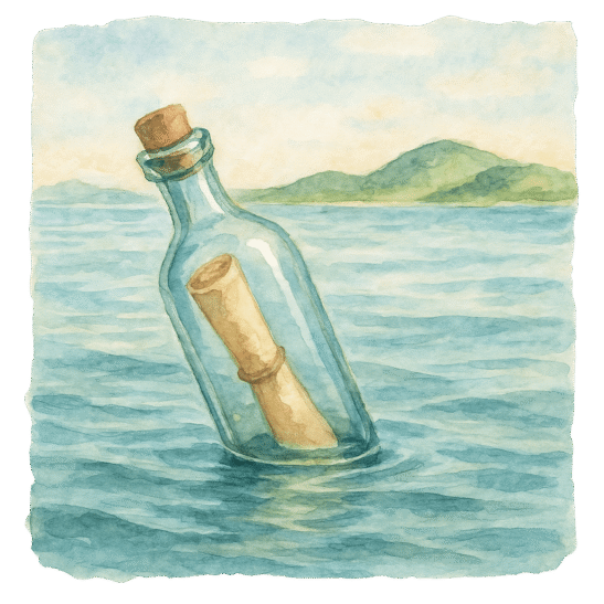 Pintura de garrafa com mensagem flutuando no oceano — imagem poética usada pela imobiliária Porto para simbolizar comunicação clara e alcance emocional.