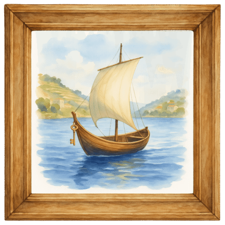 Pintura de barco com chave dourada flutuando em águas calmas — representação simbólica da imobiliária Porto como acesso ao imóvel ideal.