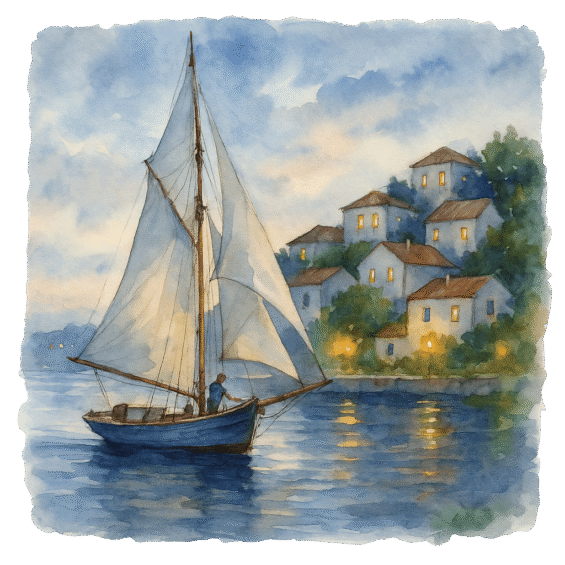 Pintura de barco à vela navegando ao entardecer com casas iluminadas ao fundo — cena que evoca o estilo de vida tranquilo promovido pela imobiliária Porto.
